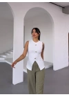 Kadın beyaz bisiklet yaka gold düğmeli ottoman bluz s2310