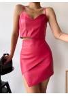Kapaklı asimetrik model deri etek pembe s240106