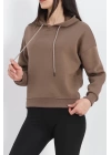 Kapşonlu 3 İplik Crop Sweat Açıkkahve - 20969.1878.