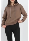 Kapşonlu 3 İplik Crop Sweat Açıkkahve - 20969.1878.