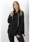 Kapşonlu Yan Yırtmaçlı Sweat Siyah - 21R1178