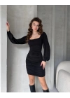 Kare Yaka Drapeli Mini Elbise
