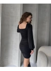 Kare Yaka Drapeli Mini Elbise