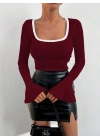 Kare yaka garni detay ispanyol kol bluz bordo a3105