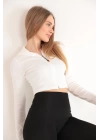 Kaşkorse Kumaş Crop Fermuarlı Kadın Hırka-Ekru