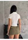 kaşkorse yaka fermuarlı bluz beyaz
