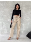 Kendinden ince kemerli deri pantolon bej t1178