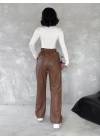 Kendinden ince kemerli deri pantolon kahve t1178
