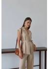 Keten yelek pantolon takım bej pt