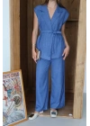 Keten yelek pantolon takım indigo pt