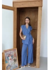 Keten yelek pantolon takım indigo pt