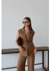 Keten yelek pantolon takım kahve pt