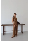 Keten yelek pantolon takım kahve pt