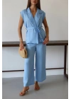 Keten yelek pantolon takım mavi pt