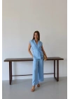 Keten yelek pantolon takım mavi pt