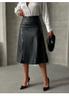 Komple parçalı deri etek siyah h26441