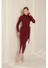 Krep Kumaş Bağlamalı Bordo Elbise