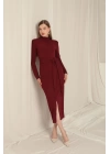 Krep Kumaş Bağlamalı Bordo Elbise