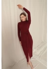 Krep Kumaş Bağlamalı Bordo Elbise