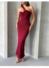 Krinkıl tek omuz uzun elbise bordo s25455