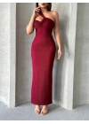 Krinkıl tek omuz uzun elbise bordo s25455