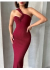 Krinkıl tek omuz uzun elbise bordo s25455