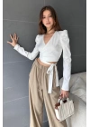 Kruvaze Yaka Beli Kuşaklı Crop Bluz