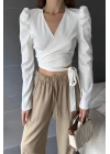 Kruvaze Yaka Beli Kuşaklı Crop Bluz
