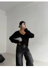 Küçük düğmeli küçük örgülü triko hırka siyah