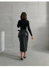 Kuşaklı uzun deri etek siyah h26414