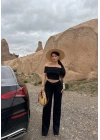 Madonna yaka bol paça pantolonlu takım