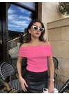 Madonna yaka sıfır kol bluz pembe