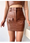 Önden iki cepli deri etek kahve h240040