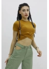 Önü Büzgülü Bisiklet Yaka Tshirt Taba - P-019963