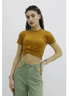 Önü Büzgülü Bisiklet Yaka Tshirt Taba - P-019963
