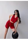 Önü Düğmeli Crop Yelek Ve Şort İkili Takım