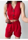 Önü Düğmeli Crop Yelek Ve Şort İkili Takım