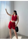 Önü Düğmeli Crop Yelek Ve Şort İkili Takım