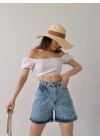 Paçası Püsküllü Desenli Denim Şort