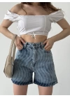 Paçası Püsküllü Desenli Denim Şort