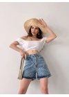Paçası Püsküllü Desenli Denim Şort