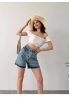 Paçası Püsküllü Desenli Denim Şort