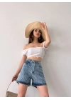 Paçası Püsküllü Desenli Denim Şort