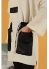 Petek Kumaş Garnili Oversize Kadın Sweat-Ekru