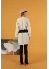 Petek Kumaş Garnili Oversize Kadın Sweat-Ekru
