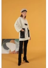 Petek Kumaş Garnili Oversize Kadın Sweat-Ekru