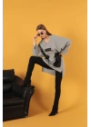 Petek Kumaş Garnili Oversize Kadın Sweat-Gri