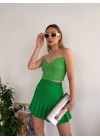 Pileli düğmeli etek açık yeşil s24811