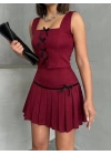 Pileli etek yelek takım bordo s255015