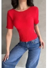 Sırt Dekolteli Basic Gofre Bluz